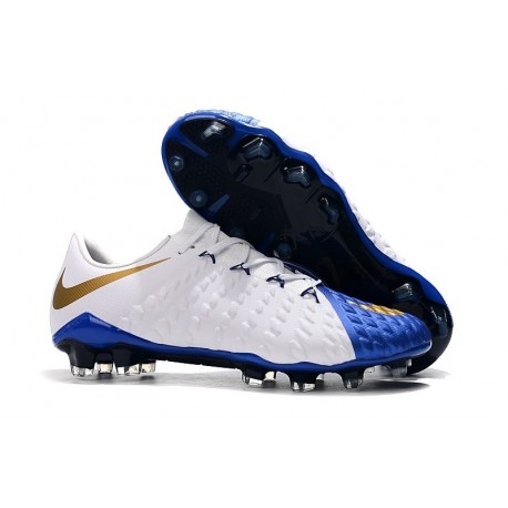 Chaussure de Foot Nike Hypervenom 3 FG Pas Cher Bleu Blanc Or