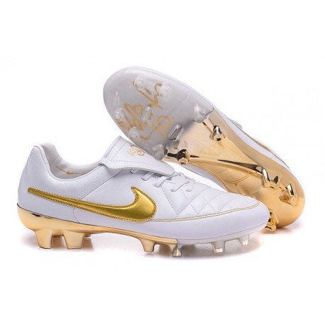 Nouvelle Chaussure de Football Nike Tiempo Legend V FG R10 Blanc Or