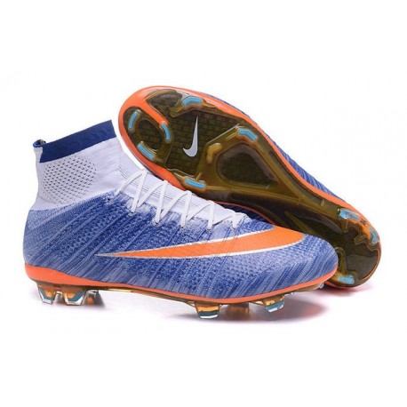 2016 Homme Chaussures Football Mercurial Superfly FG Bleu Orange Blanc