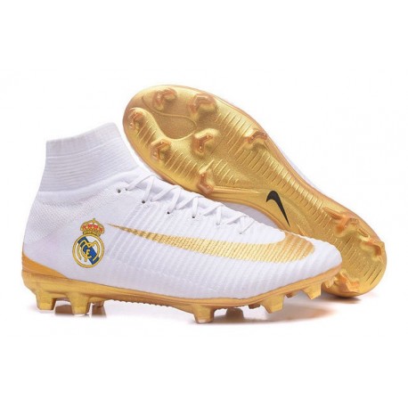 2016 Nouveau Chaussures de Football Mercurial Superfly V FG Real Madrid FC Blanc Or