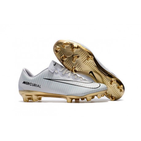 Nouvelles Nike Mercurial Vapor 11 FG Crampons de Football pour Hommes CR7 Vitórias Blanc Or Noir