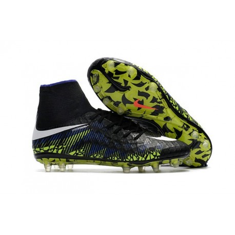 Nouvelles chaussures Nike HyperVenom Phantom II FG Football Crampons Noir Blanc Volt Bleu