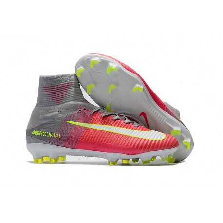 Chaussures de Football - Crampons Pour Terrain Sec Nike Mercurial Superfly V FG Hyper Rose Blanc Gris Loup