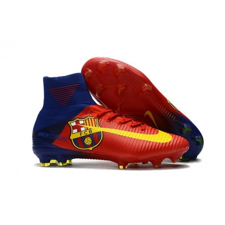 2017 Nouveau Chaussures de Football Mercurial Superfly V FG Barcelona FC Bleu Rouge Jaune