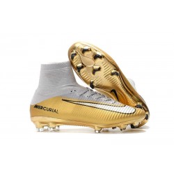 Nouveau Chaussures de Football Mercurial Superfly V FG Quinto Triunfo Or Blanc